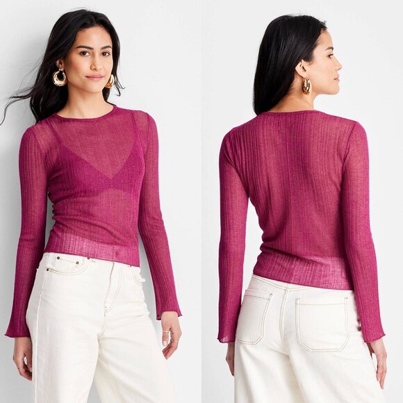 Future Collective Sweaters - Medium - Womens Crewneck Sheer Sweater - Future Collective - Dark Pink